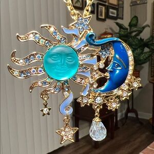 Celestial Aurora Borealis Rhinestone Enamel Sun Moon Face Gold Pendant Necklace